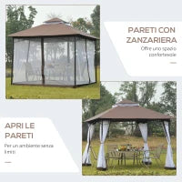 Gazebo da Giardino 3x3m con Zanzariera, Tetto a 2 Livelli e Struttura in Metallo Marrone