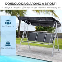 Dondolo da Giardino a 3 Posti in Metallo, Tetto Parasole Rimovibile e Lavabile, Nero e Argento, 171x108x154cm