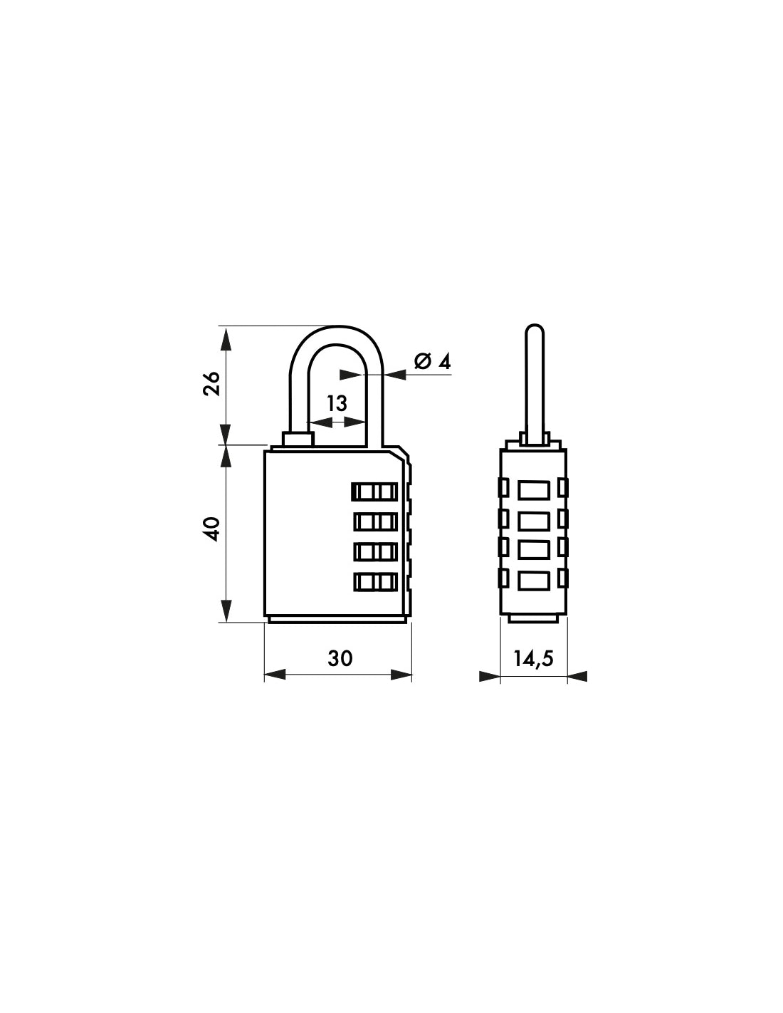 Lucchetto a combinazione Compact 04 per chiave passepartout, 4 cifre, interno, arco in acciaio, 30mm, nero - THIRARD