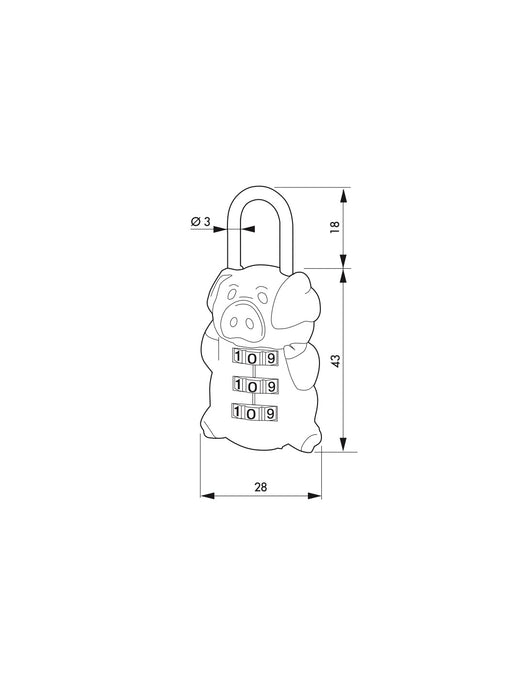 Lucchetto a combinazione Fantasy Pig maialino, 3 cifre, interno, arco in acciaio - THIRARD