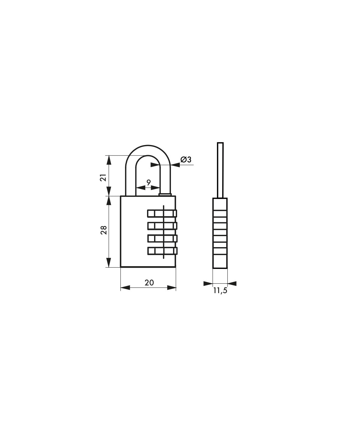Lucchetto a combinazione RB, ottone, 3 cifre, interno, arco in acciaio, 20mm - THIRARD