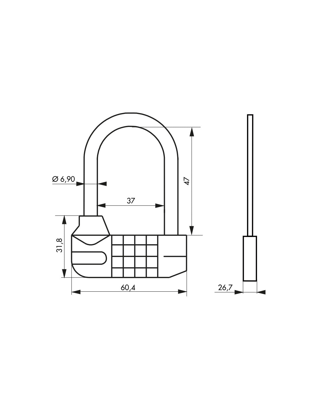 Lucchetto a combinazione Saturn, 4 cifre, interno, 1/2 arco in acciaio, 63mm - THIRARD