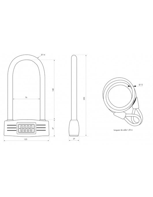 Lucchetto a combinazione UP a 4 cifre, bici, cavo d'acciaio, 12mmx120mm - THIRARD