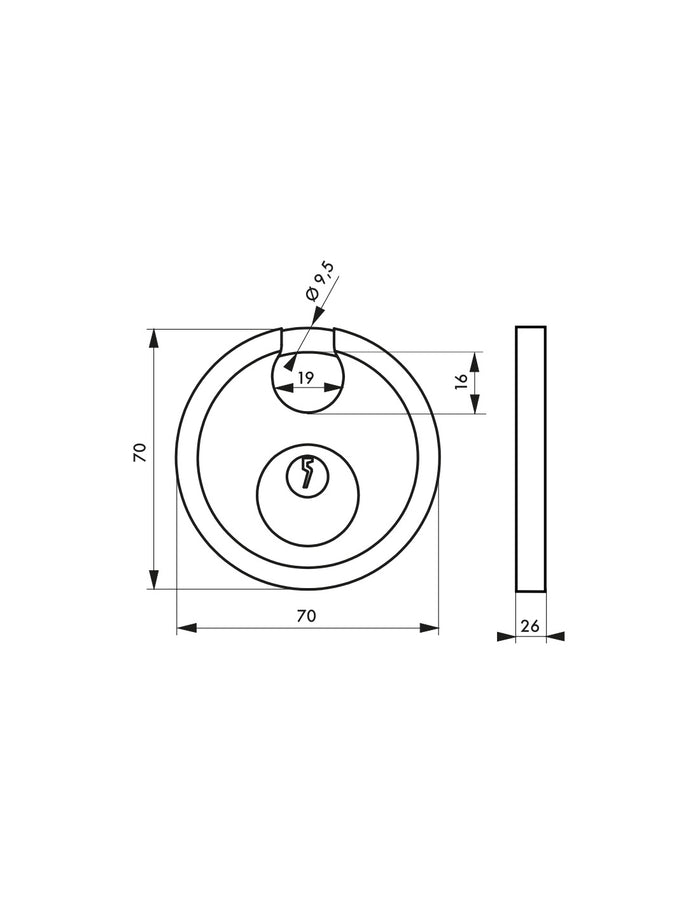 Lucchetto a disco Astra, 70mm, interno, acciaio inox, arco in acciaio temprato, 2 chiavi - THIRARD