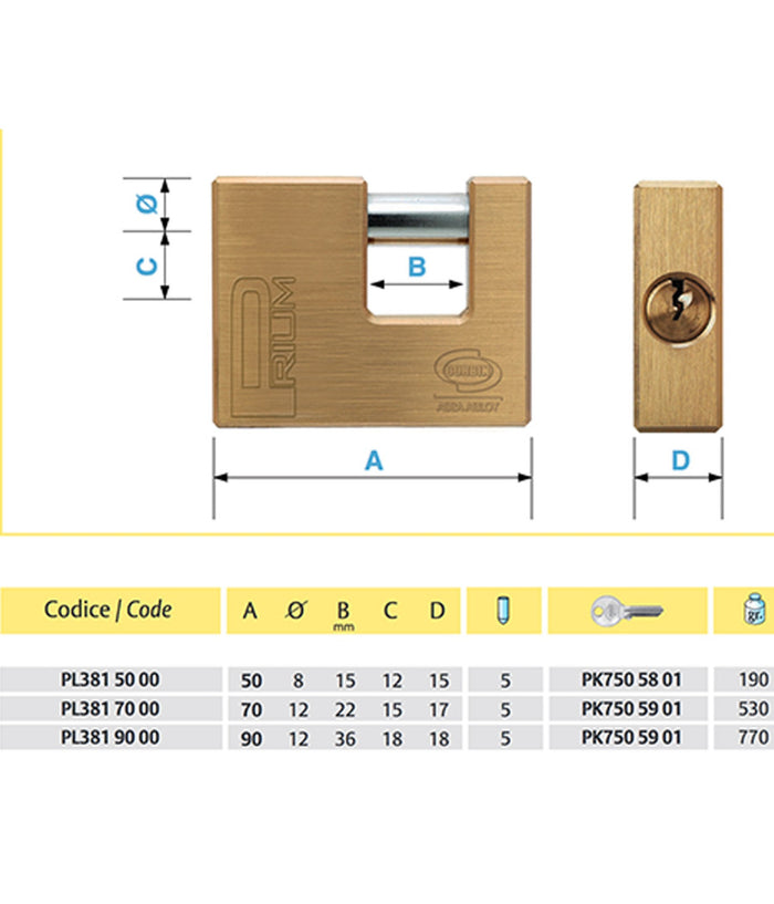Lucchetto Catenaccio Antiscasso Ottone Corbin Mm 50 / 60 / 70 / 90     -70 Mm   -