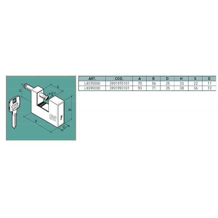 Lucchetto corazzato con blindatura integrale in acciaio corpo in ottone, scegli il formato  75mm