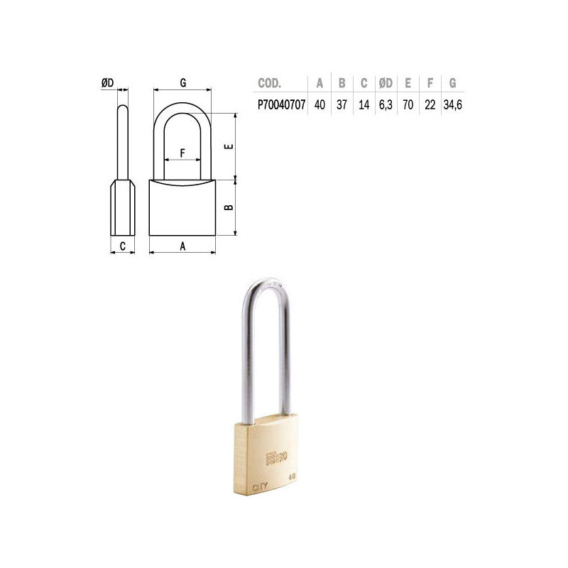 Lucchetto Ottone Mm 40 Arco Lungo City Iseo