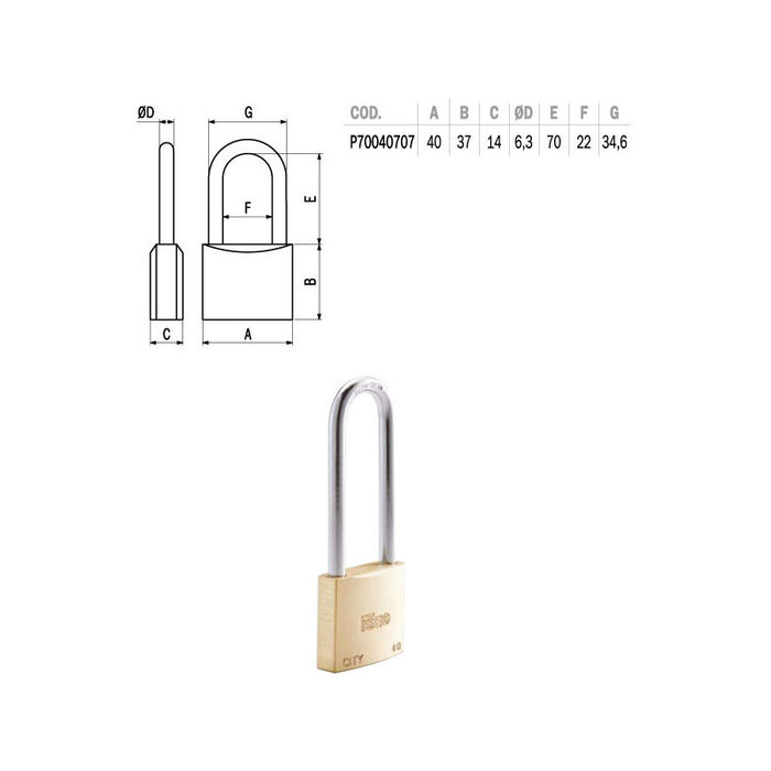 Lucchetto Ottone Mm 40 Arco Lungo City Iseo