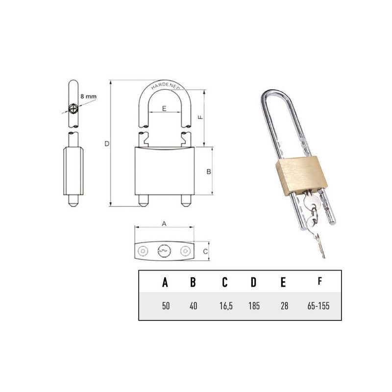 Lucchetto Ottone Mm 50 Arco Regolabile Potent