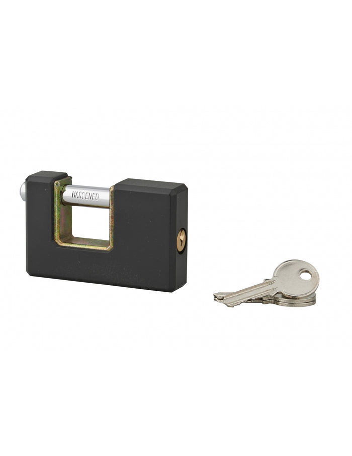 Lucchetto rettangolare ACERA con chiave, base 75 mm, arco in acciaio temprato, 3 chiavi - SERRUPRIX