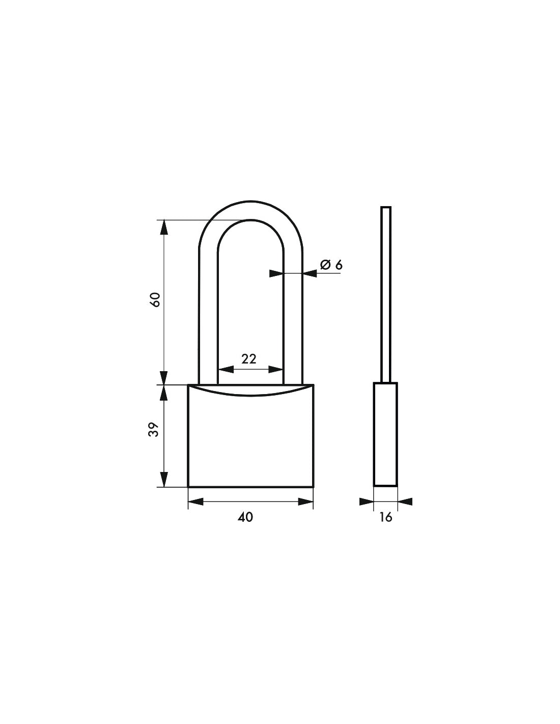 Lucchetto Transit 40 arco inox mezza altezza, ottone, da esterno, 2 chiavi piatte reversibili - THIRARD