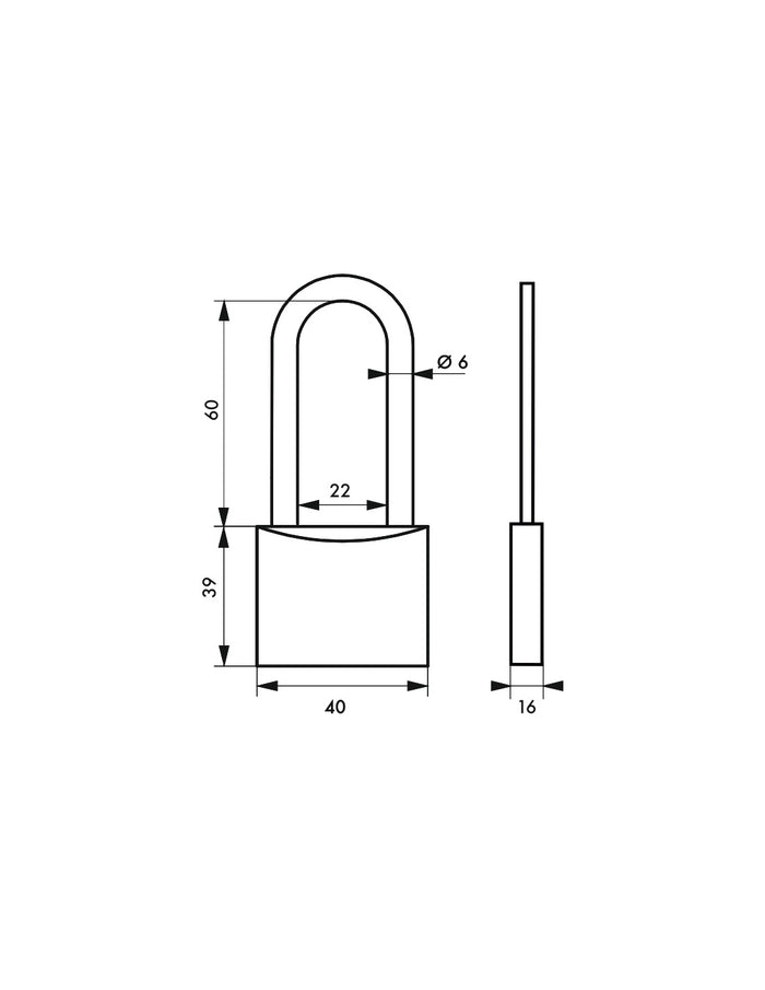 Lucchetto Transit 40 arco inox mezza altezza, ottone, da esterno, 2 chiavi piatte reversibili - THIRARD