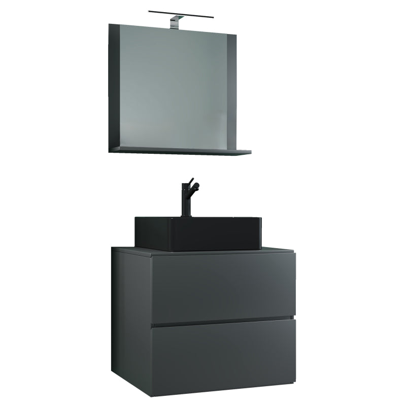 Luce di Ezooza Mobile Sospeso con 2 cassetti Large con lavabo in ceramica di alta qualità e specchio, Antracite , lavabo Nero