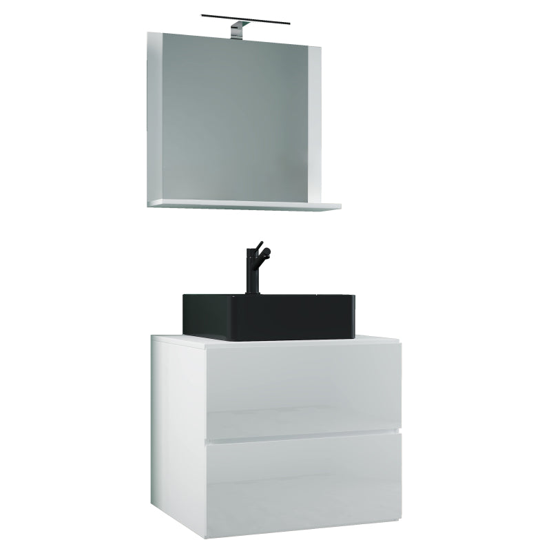 Luce di Ezooza Mobile Sospeso con 2 cassetti Large con lavabo in ceramica di alta qualità e specchio, Bianco , lavabo Nero