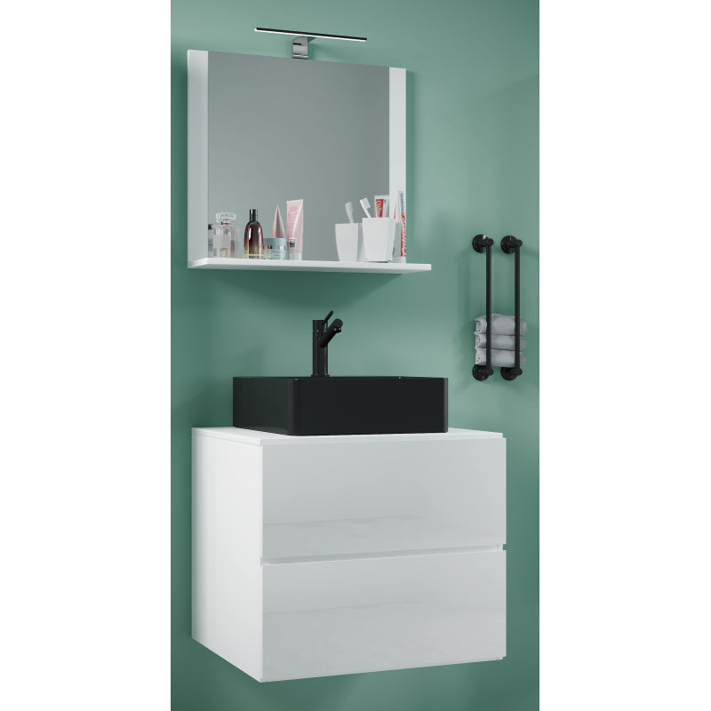 Luce di Ezooza Mobile Sospeso con 2 cassetti Large con lavabo in ceramica di alta qualità e specchio, Bianco , lavabo Nero
