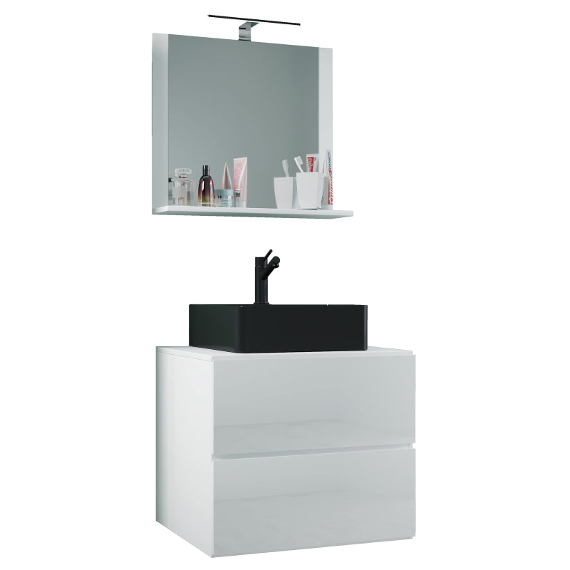 Luce di Ezooza Mobile Sospeso con 2 cassetti Large con lavabo in ceramica di alta qualità e specchio, Bianco , lavabo Nero