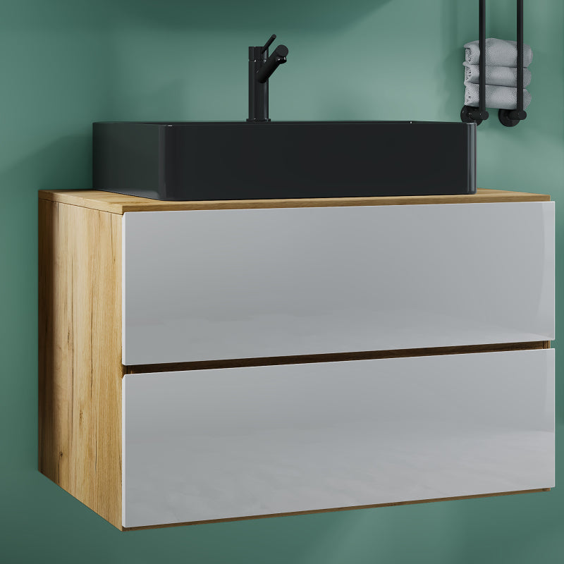 Luce di Ezooza Set Bagno 2 Pezzi Mobile Extra Large con 2 cassetti e Lavabo sospesi, Rovere/Bianco , lavabo Nero