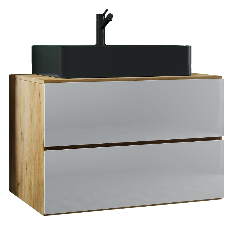 Luce di Ezooza Set Bagno 2 Pezzi Mobile Extra Large con 2 cassetti e Lavabo sospesi, Rovere/Bianco , lavabo Nero
