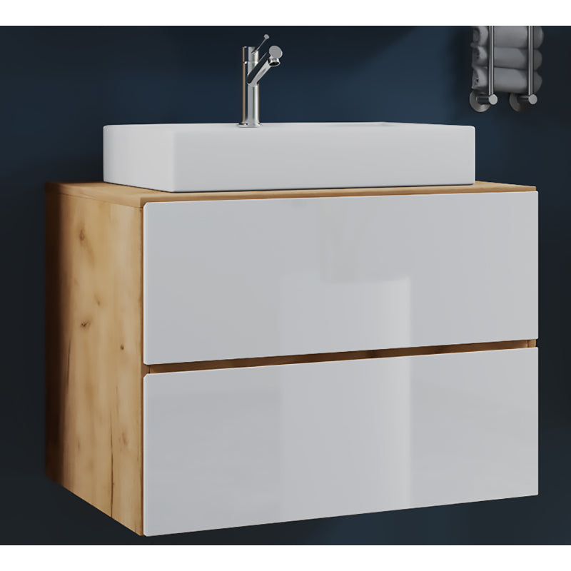 Luce di Ezooza Set Bagno 2 Pezzi Mobile Extra Large con 2 cassetti e Lavabo sospesi, Rovere/Bianco , lavabo Bianco