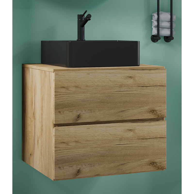 Luce di Ezooza Set Bagno 2 Pezzi Mobile Large con 2 cassetti e Lavabo sospesi , Rovere miele , lavabo Nero