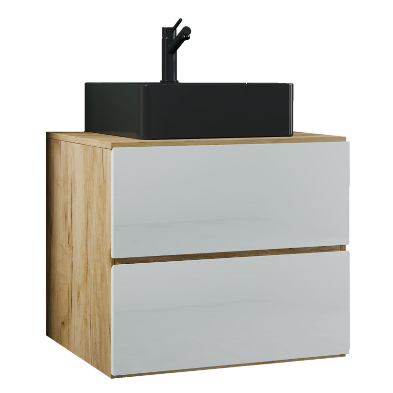 Luce di Ezooza Set Bagno 2 Pezzi Mobile Large con 2 cassetti e Lavabo sospesi , Rovere/Bianco , lavabo Nero