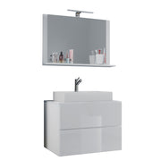 Luce Mobile Sospeso con 2 cassetti Extra Large con lavabo in ceramica di alta qualità e specchio, Bianco , lavabo Bianco