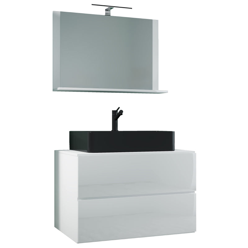 Luce di Ezooza Mobile Sospeso con 2 cassetti Extra Large con lavabo in ceramica di alta qualità e specchio, Bianco , lavabo Nero