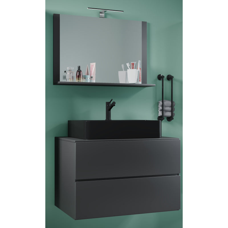 Luce Mobile Sospeso con 2 cassetti Extra Large con lavabo in ceramica di alta qualità e specchio, Antracite , lavabo Nero