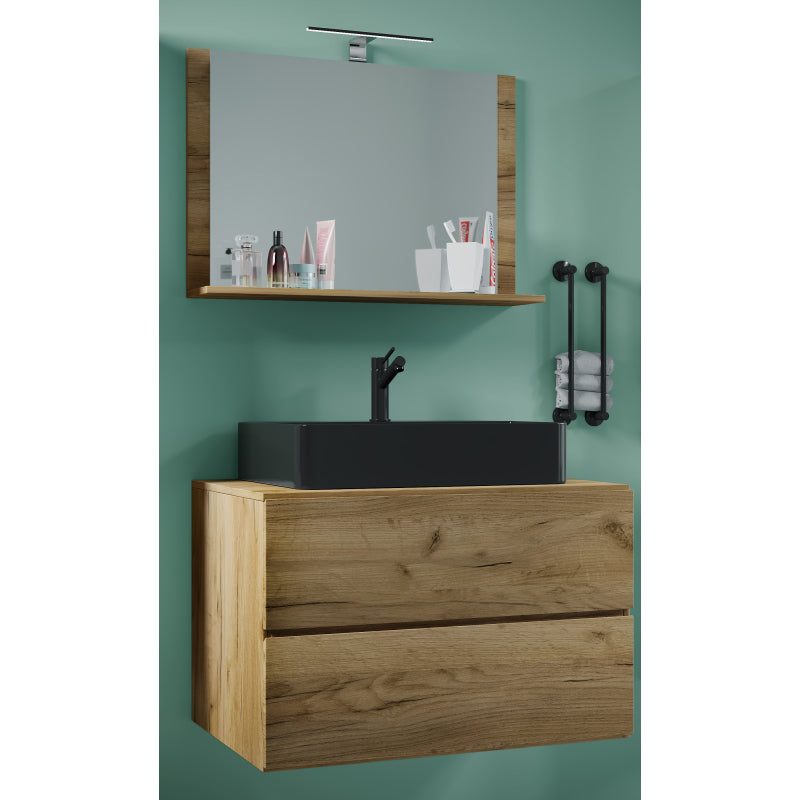 Luce Mobile Sospeso con 2 cassetti Extra Large con lavabo in ceramica di alta qualità e specchio, Rovere miele , lavabo Nero