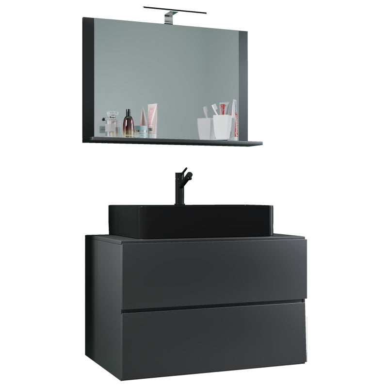 Luce Mobile Sospeso con 2 cassetti Extra Large con lavabo in ceramica di alta qualità e specchio, Antracite , lavabo Nero
