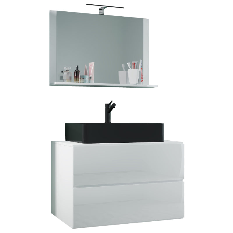 Luce di Ezooza Mobile Sospeso con 2 cassetti Extra Large con lavabo in ceramica di alta qualità e specchio, Bianco , lavabo Nero