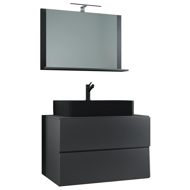 Luce Mobile Sospeso con 2 cassetti Extra Large con lavabo in ceramica di alta qualità e specchio, Antracite , lavabo Nero