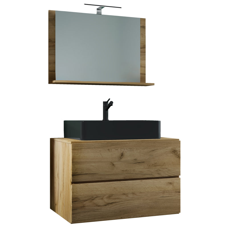 Luce Mobile Sospeso con 2 cassetti Extra Large con lavabo in ceramica di alta qualità e specchio, Rovere miele , lavabo Nero
