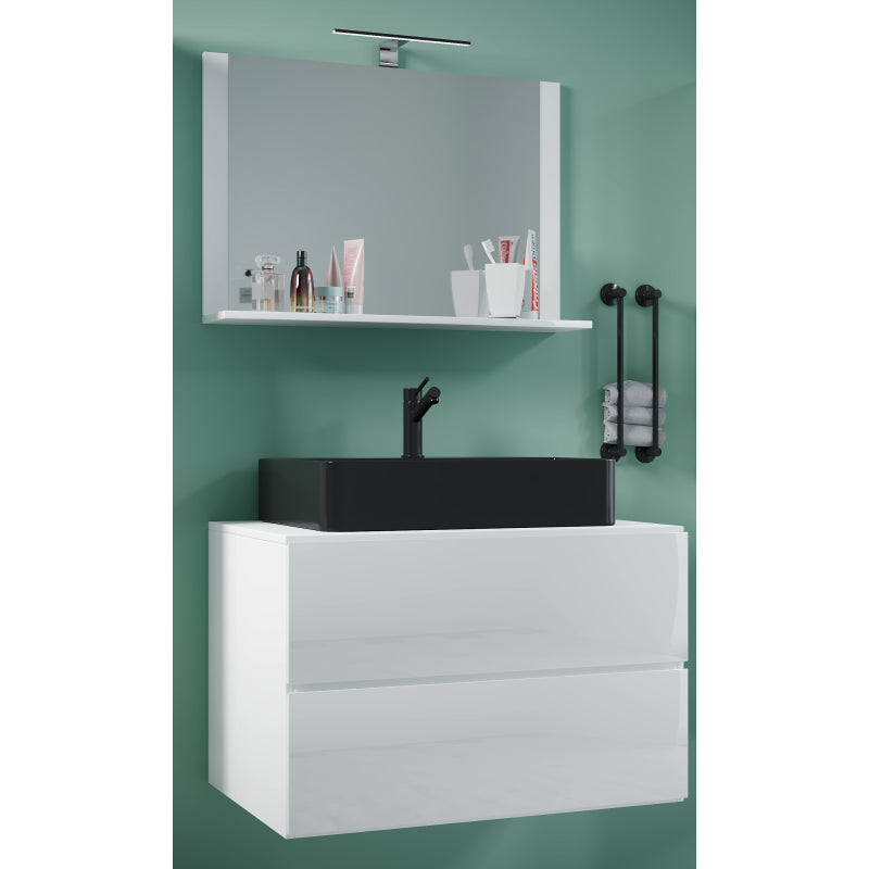Luce di Ezooza Mobile Sospeso con 2 cassetti Extra Large con lavabo in ceramica di alta qualità e specchio, Bianco , lavabo Nero