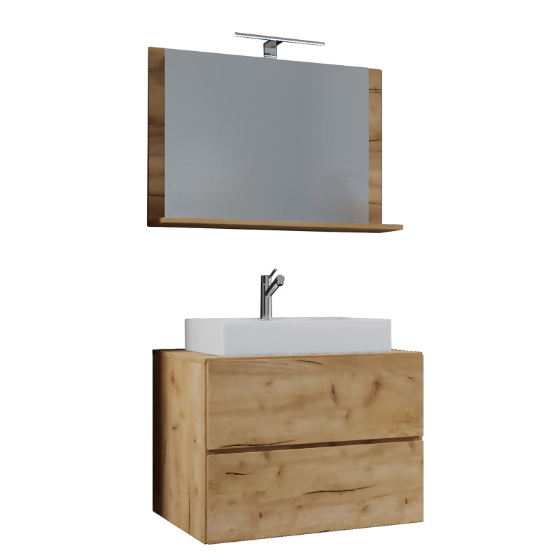 Luce Mobile Sospeso con 2 cassetti Extra Large con lavabo bianco in ceramica di alta qualità e specchio, Rovere miele