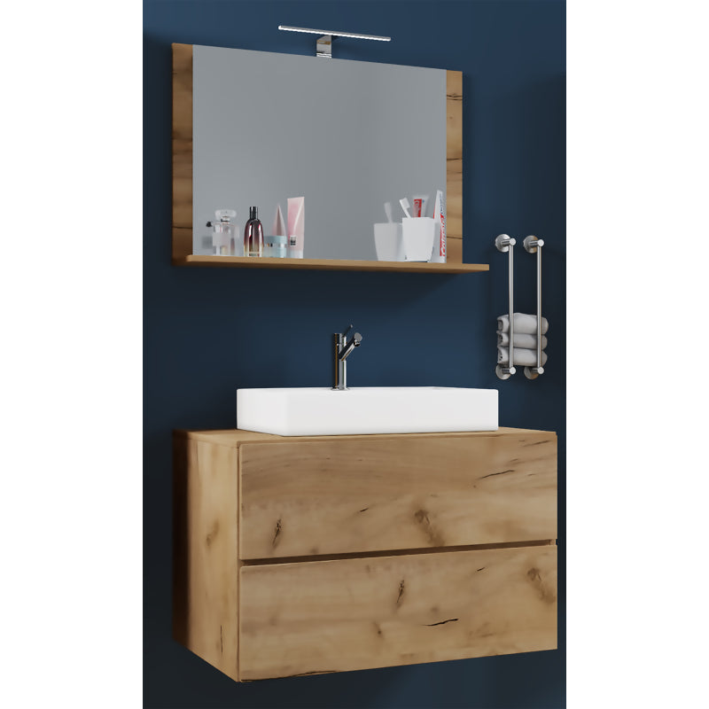 Luce Mobile Sospeso con 2 cassetti Extra Large con lavabo bianco in ceramica di alta qualità e specchio, Rovere miele