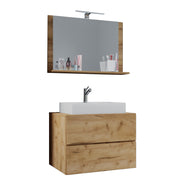 Luce Mobile Sospeso con 2 cassetti Extra Large con lavabo bianco in ceramica di alta qualità e specchio, Rovere miele