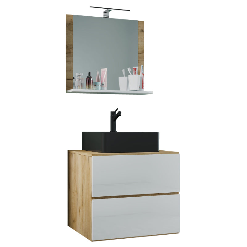 Luce Mobile Sospeso con 2 cassetti Large con lavabo in ceramica di alta qualità e specchio, Rovere/Bianco , lavabo Nero