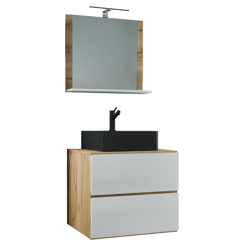 Luce Mobile Sospeso con 2 cassetti Large con lavabo in ceramica di alta qualità e specchio, Rovere/Bianco , lavabo Nero