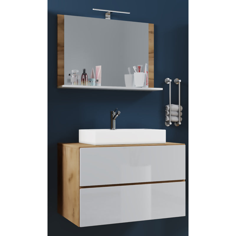 Luce Mobile Sospeso con 2 cassetti Large con lavabo in ceramica di alta qualità e specchio, Rovere/Bianco , lavabo Bianco