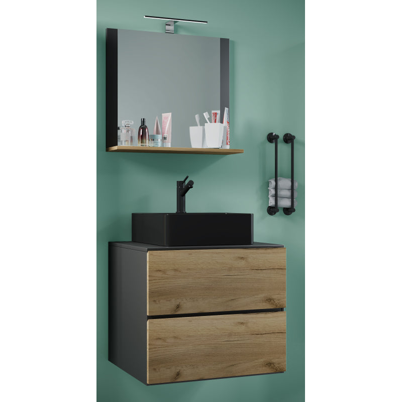 Luce Mobile Sospeso con 2 cassetti Large con lavabo in ceramica di alta qualità e specchio, Antracite/Rovere , lavabo Nero