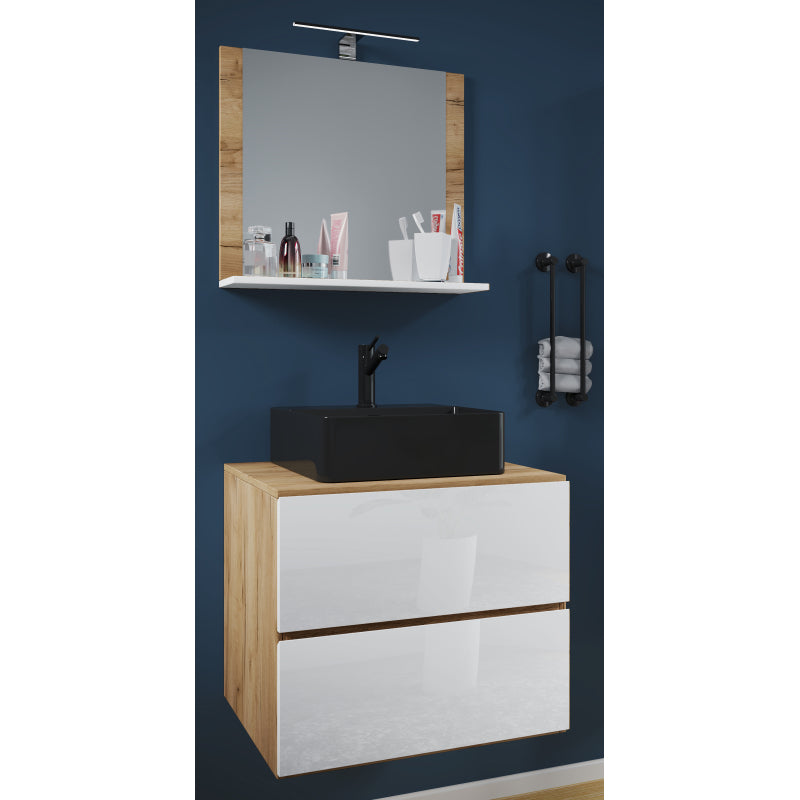 Luce Mobile Sospeso con 2 cassetti Large con lavabo in ceramica di alta qualità e specchio, Rovere/Bianco , lavabo Nero
