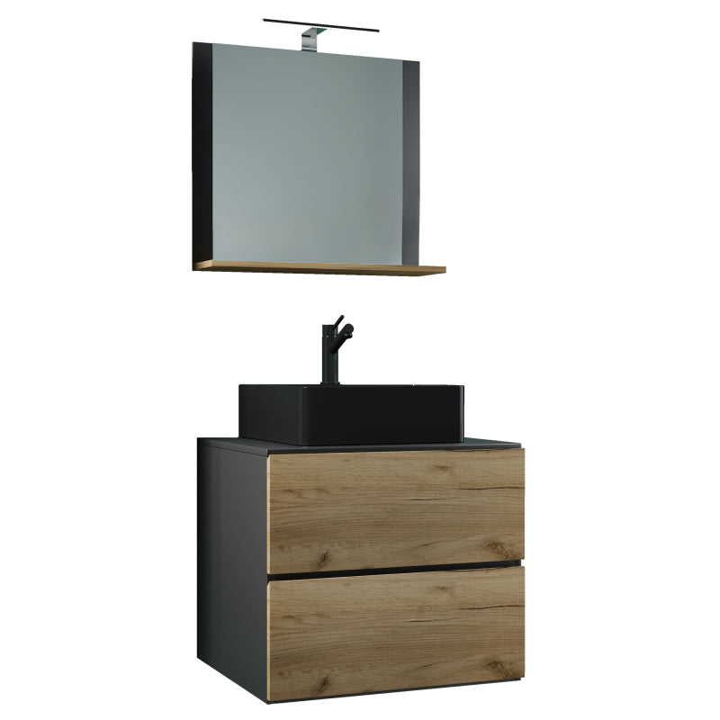 Luce Mobile Sospeso con 2 cassetti Large con lavabo in ceramica di alta qualità e specchio, Antracite/Rovere , lavabo Nero