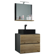 Luce Mobile Sospeso con 2 cassetti Large con lavabo in ceramica di alta qualità e specchio, Antracite/Rovere , lavabo Nero