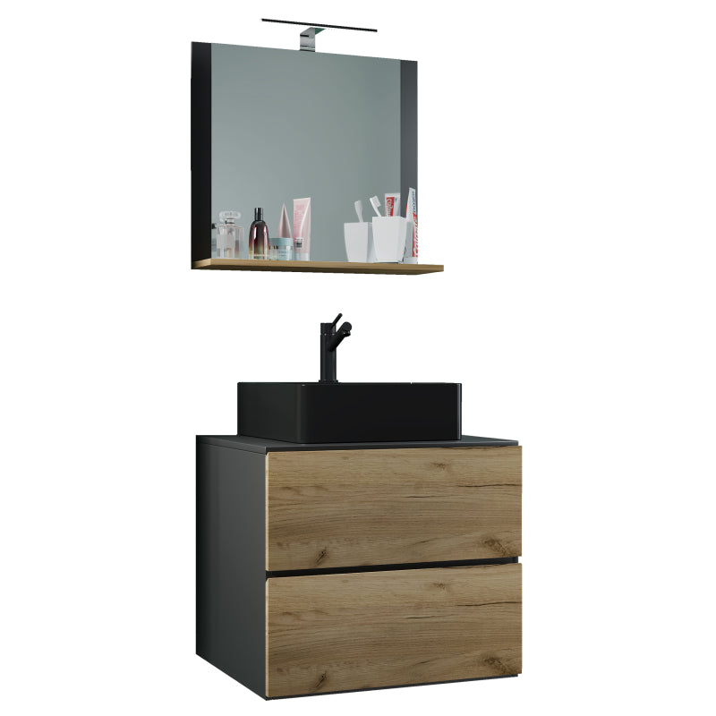 Luce Mobile Sospeso con 2 cassetti Large con lavabo in ceramica di alta qualità e specchio, Antracite/Rovere , lavabo Nero