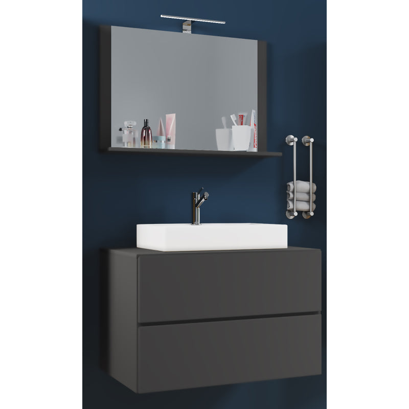 Luce di Ezooza Mobile Sospeso con 2 cassetti Large con lavabo in ceramica di alta qualità e specchio, Antracite , lavabo Bianco