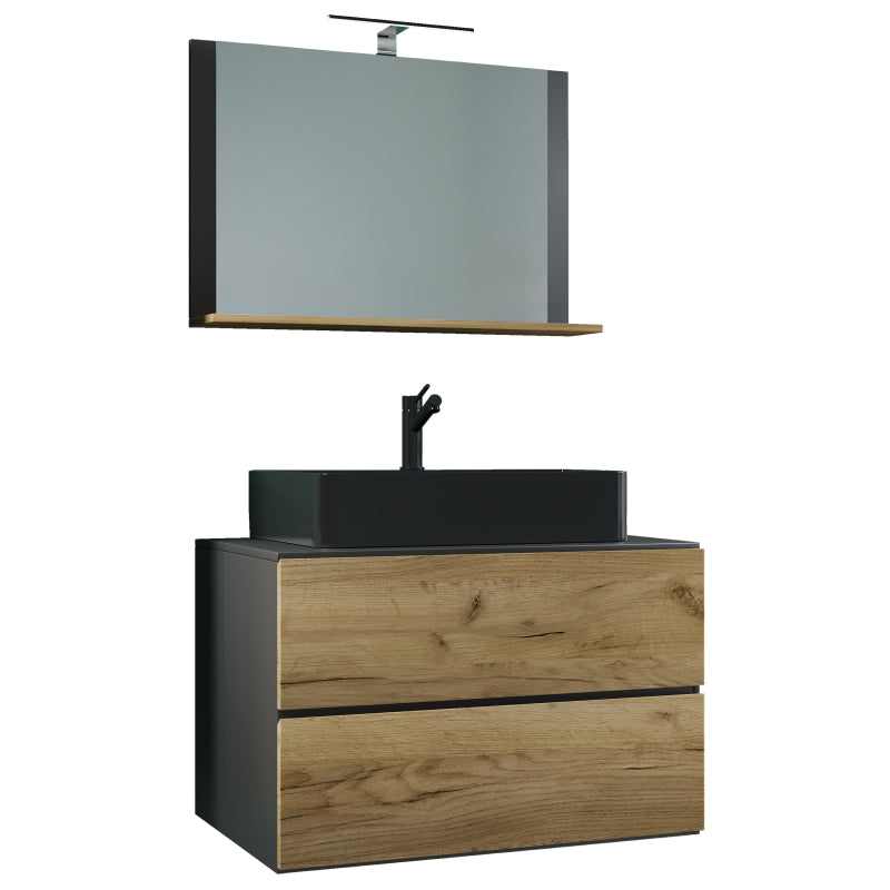Luce Mobile Sospeso con 2 cassetti XL con lavabo nero nero in ceramica di alta qualità e specchio, Antracite/Rovere