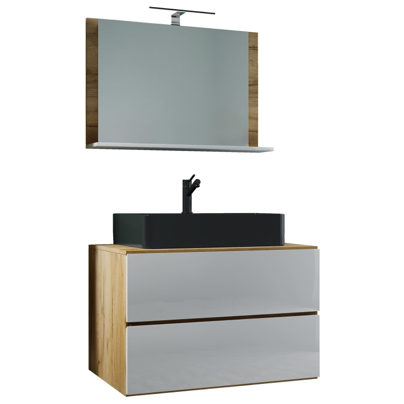 Luce Mobile Sospeso con 2 cassetti XL con lavabo nero in ceramica di alta qualità e specchio, Rovere/Bianco