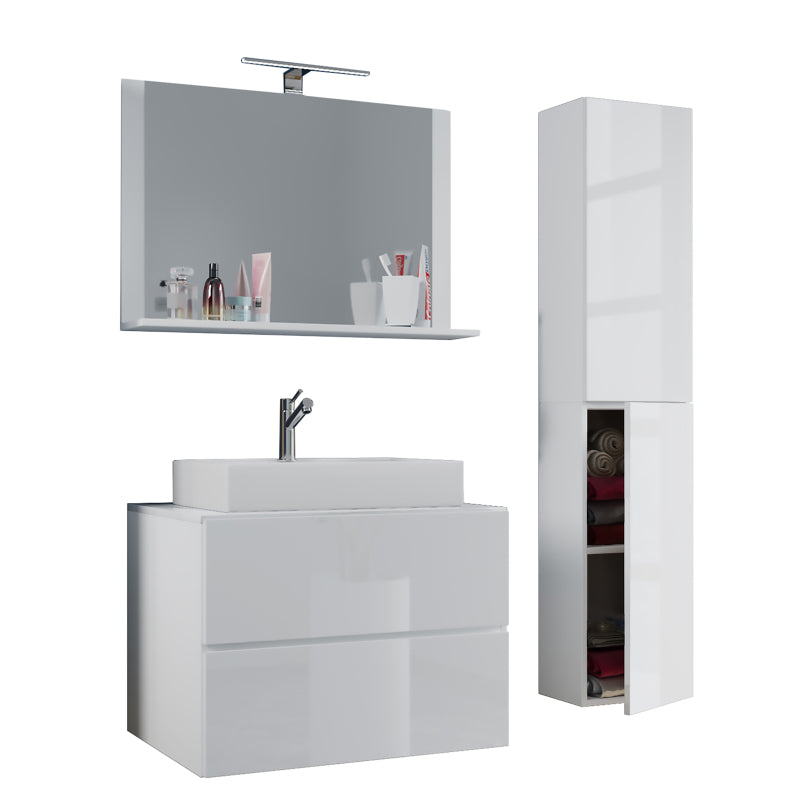 Luce Set Bagno 4 Pezzi Mobile sospeso 2 casetti con lavabo bianco large in ceramica include 1 Colonna e specchio, Bianco