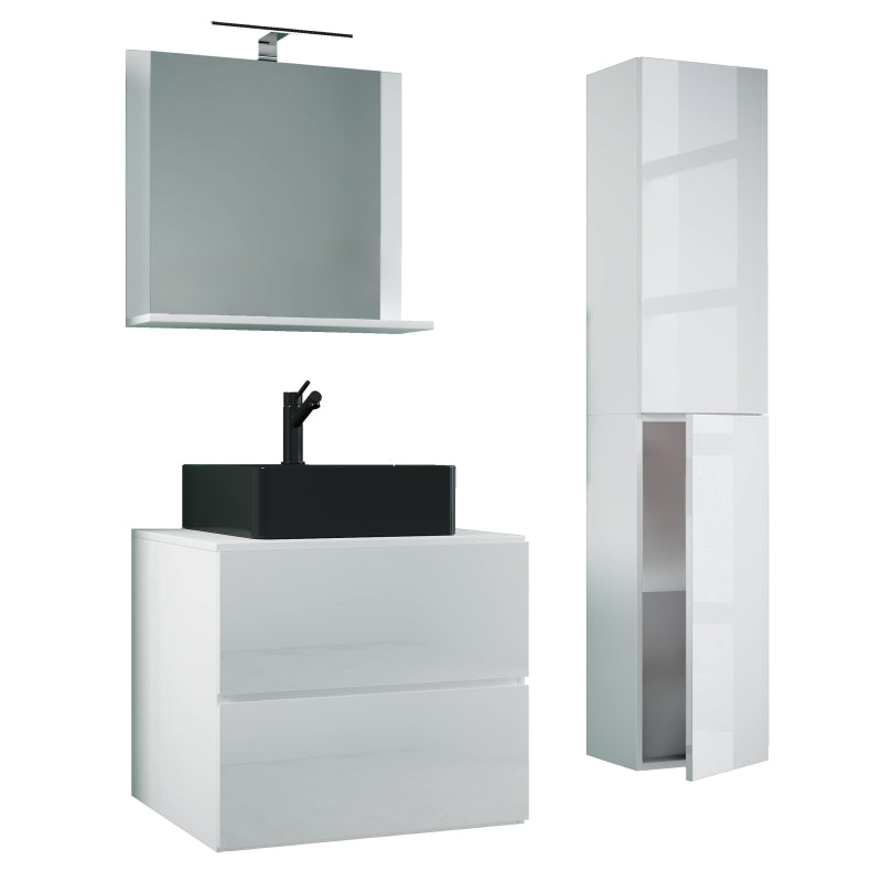 Luce Set Bagno 4 Pezzi Mobile sospeso 2 casetti con lavabo nero large in ceramica include 1 Colonna e specchio, Bianco